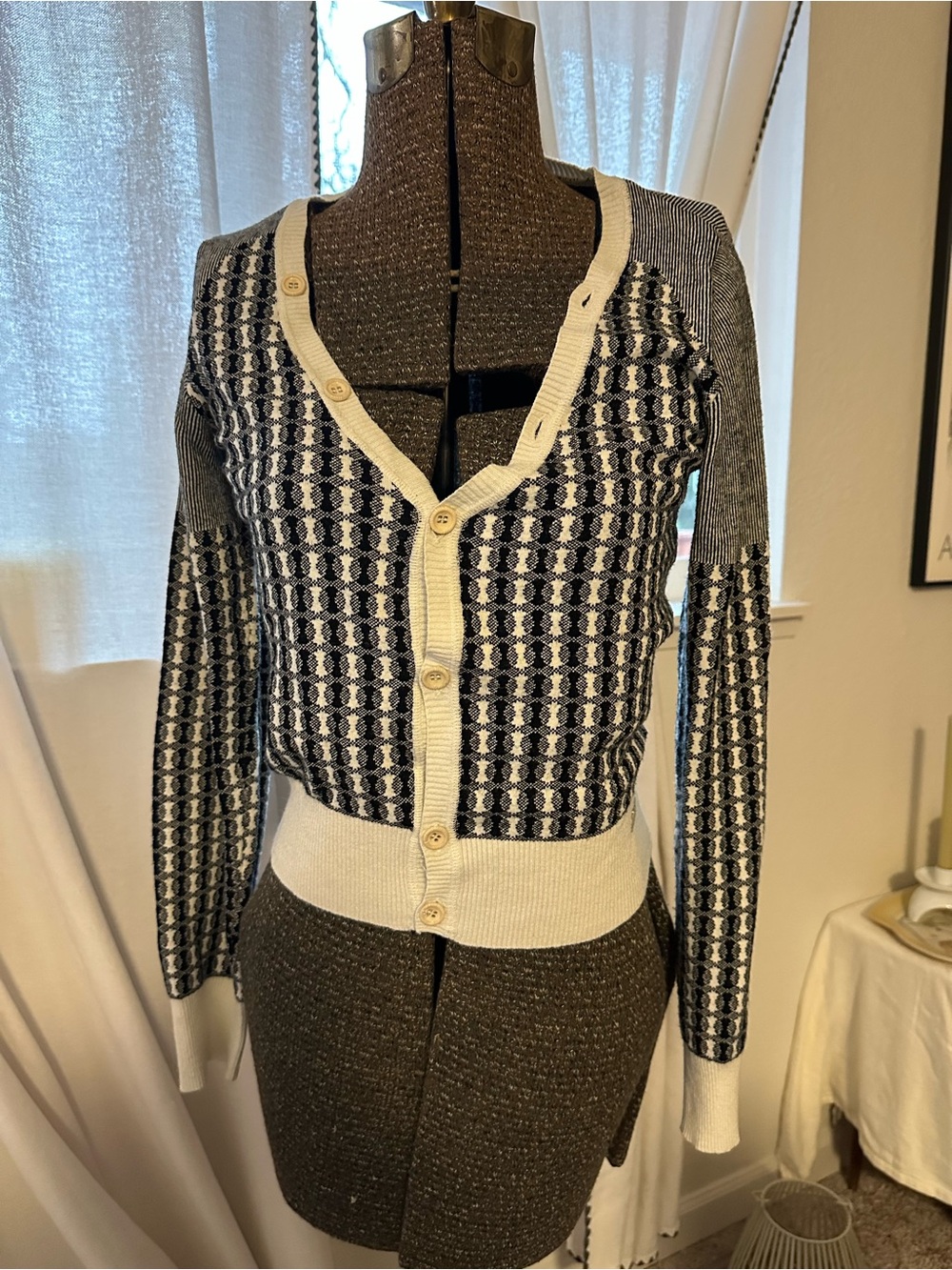 Vintage Diesel Cream and Black Patterned V-Neck Button Cardigan Sweater